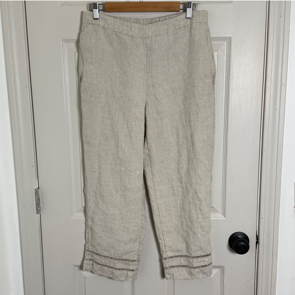 Chicos 100% Linen Pants Womens 10 Beige Cropped Lightweight Coastal Neutral